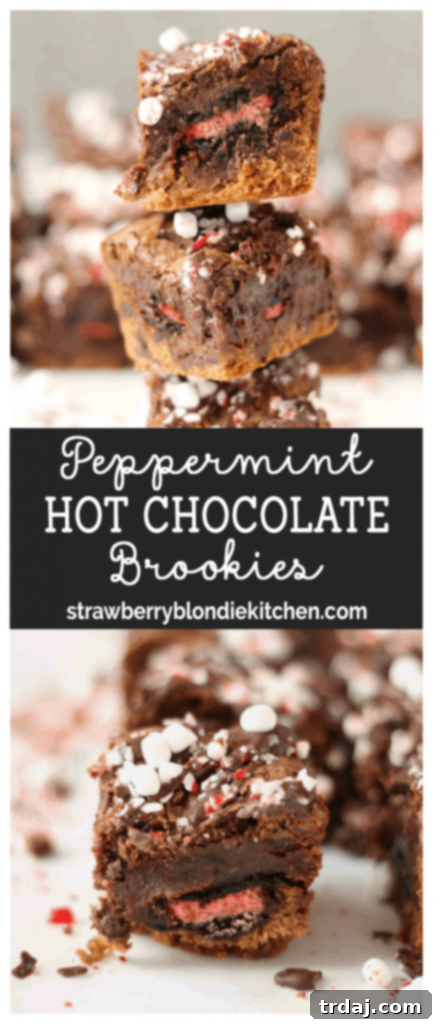 Peppermint Hot Chocolate Brookies with a festive holiday background