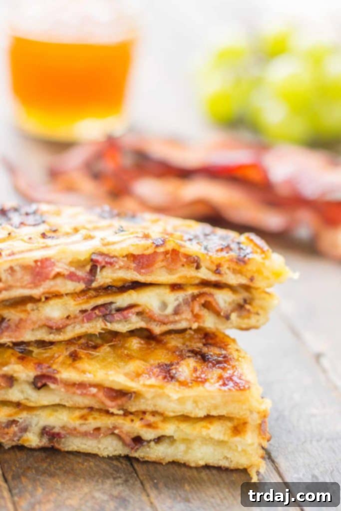 Bacon, Havarti and Peach Wafflewiches: Crispy bacon, buttery Havarti cheese, and sweet peaches combined in an ultimate wafflewich, irresistible to all and perfect anytime of day.