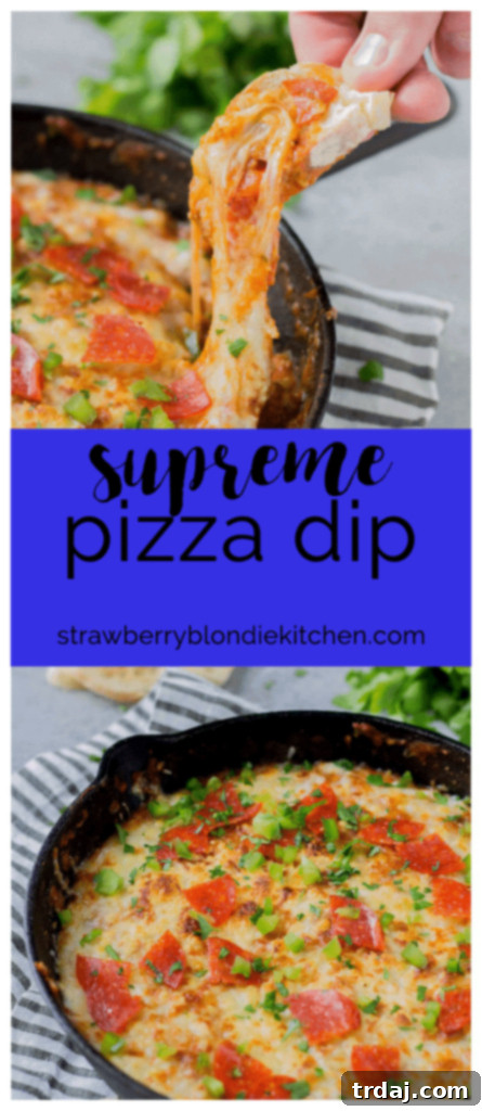 Spread of Supreme Pizza Dip with various serving options and garnishes.