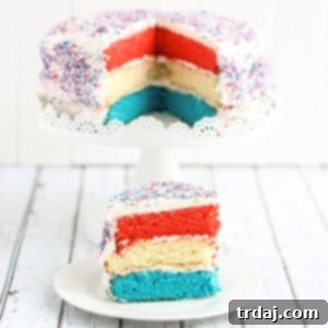 Stars and Stripes Dessert 2 Patriotic Layer Cake with red, white, and blue layers