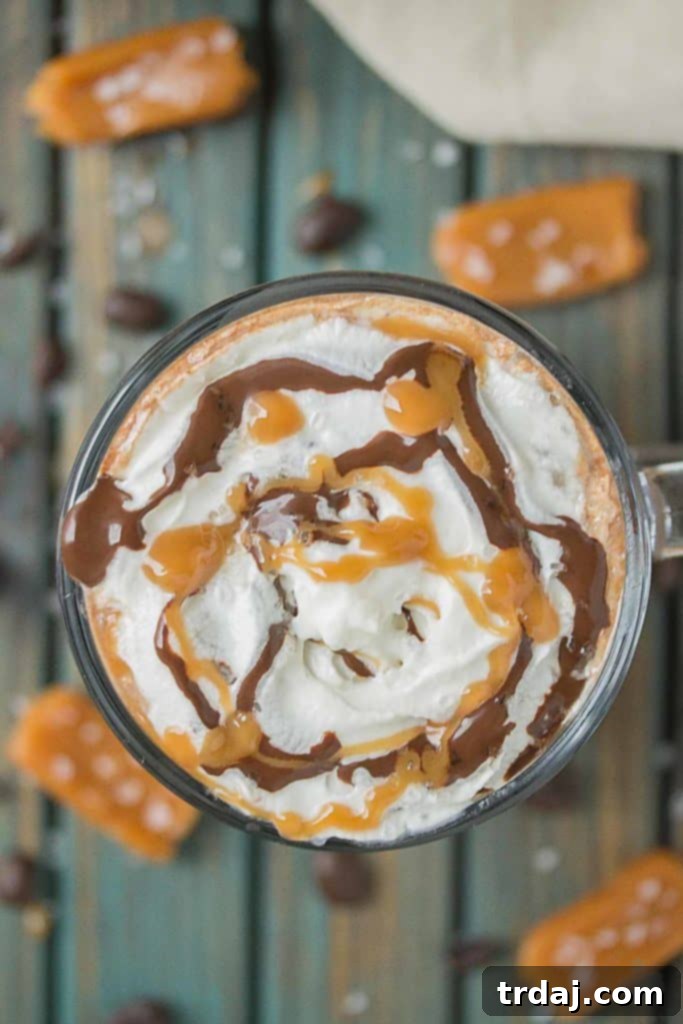 Decadent Sea Salt Caramel Mocha 6 Creamy espresso blends perfectly with chocolate and almond milk, topped with whipped cream, caramel drizzle and a sprinkle of sea salt, making this Sea Salt Caramel Mocha irresistibly delicious! | Strawberry Blondie Kitchen