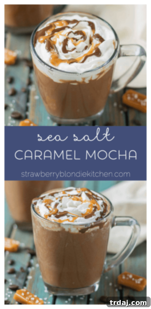 Decadent Sea Salt Caramel Mocha 8 Creamy espresso blends perfectly with chocolate and almond milk, topped with whipped cream, caramel drizzle and a sprinkle of sea salt, making this Sea Salt Caramel Mocha irresistibly delicious! | Strawberry Blondie Kitchen
