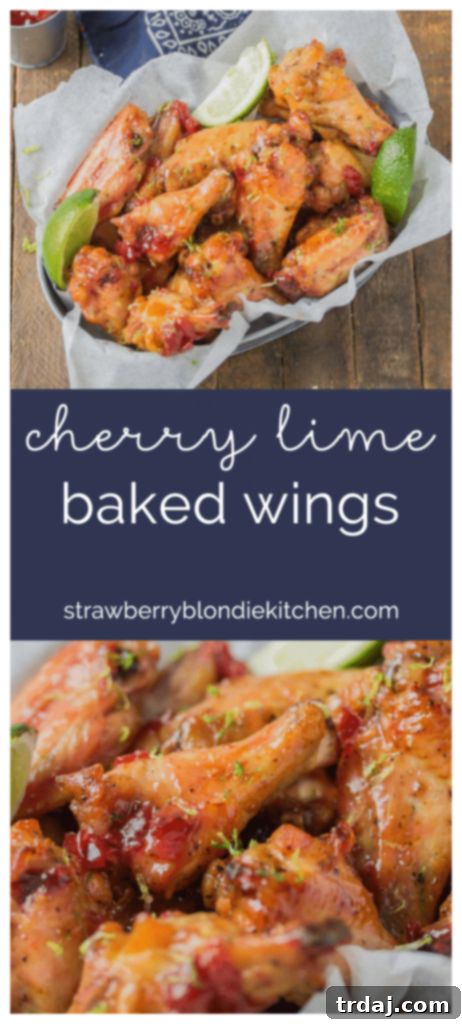Sweet, tart and tangy, these Cherry Lime Baked Wings are delicious and addictive. Be sure to make a big batch, they're sure to be the hit of your next game day party! | Strawberry Blondie Kitchen
