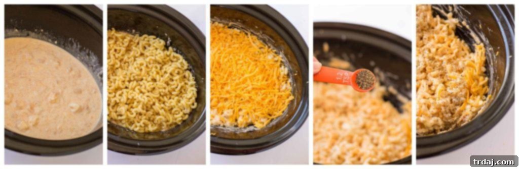 Serving a large scoop of homemade slow cooker macaroni and cheese from the pot.