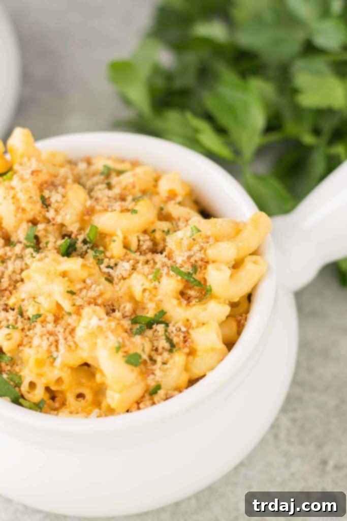 A full bowl of slow cooker macaroni and cheese, topped with toasted breadcrumbs and fresh parsley, ready to eat.