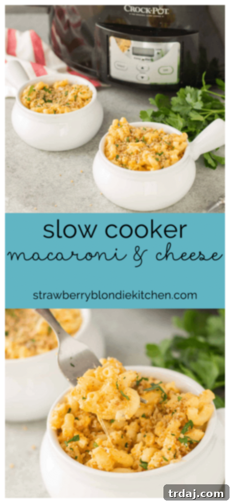 Final image of slow cooker macaroni and cheese, showcasing its rich, golden-brown topping and creamy interior.