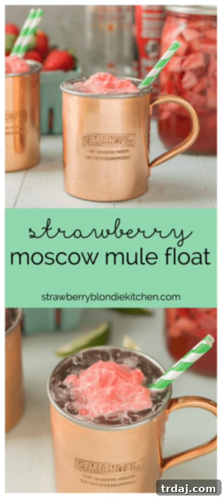 A beautifully presented Strawberry Moscow Mule Float with homemade strawberry vodka and sorbet, showcasing its vibrant colors and inviting texture. Perfect for a refreshing drink any time of year.