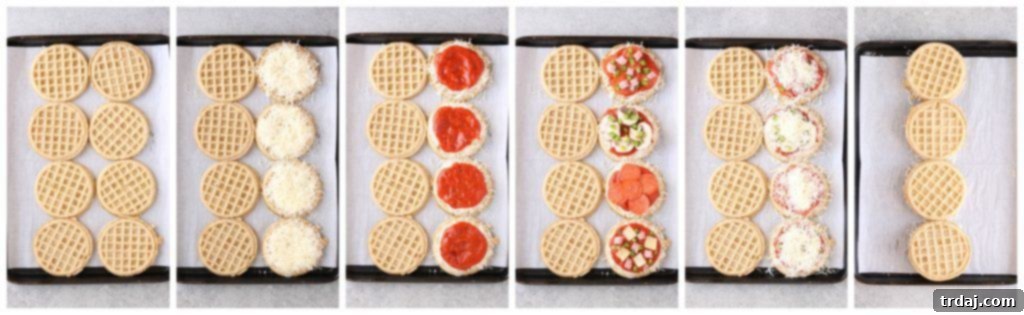 Waffle Pizza Pockets 6 A vibrant and diverse spread of pizza toppings including various cheeses, sliced pepperoni, ham, green peppers, mushrooms, and pineapple, organized for a customizable Pizza Wafflewich station. | Strawberry Blondie Kitchen