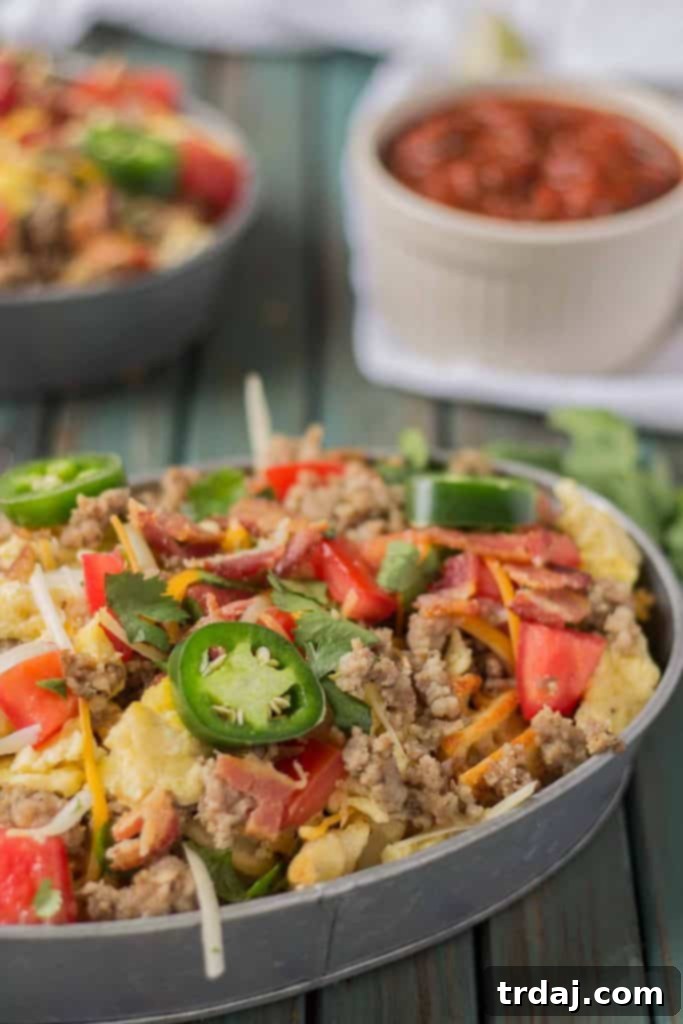 A vibrant platter of B.E.S.T Breakfast Nachos, a perfect dish for family breakfasts or special occasions.