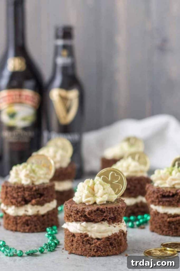 Delicious Chocolate Guinness Mini Cakes with creamy Baileys Buttercream, elegantly decorated for St. Patrick's Day.