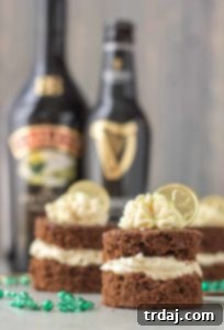 Guinness and Baileys are a match made in Heaven in this Chocolate Guinness Mini Cakes with Baileys Buttercream. It's decadently moist, rich and the perfect ending to your St. Patrick's day festivities. | Strawberry Blondie Kitchen