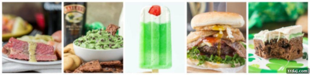 A collection of festive St. Patrick's Day recipes from Strawberry Blondie Kitchen, including corned beef, dips, and desserts.