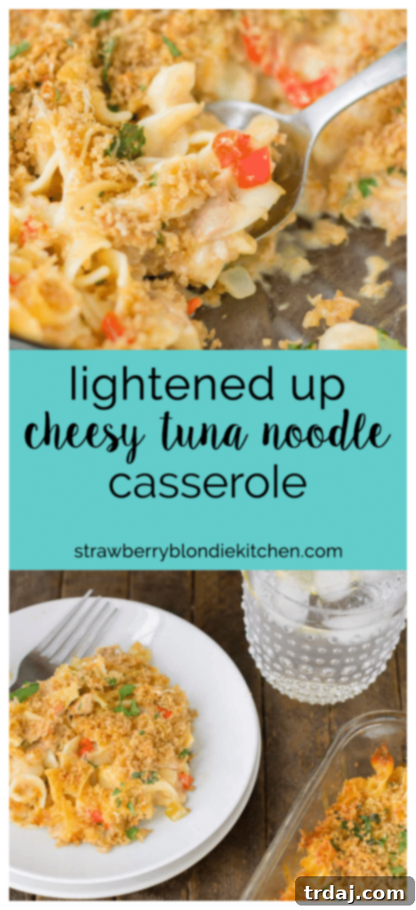 A beautiful Lightened Up Cheesy Tuna Noodle Casserole slice, showcasing the layers of noodles, tuna, cheese, and vegetables with a golden-brown panko topping.