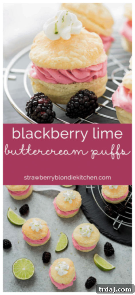 A visual summary of the Blackberry Lime Buttercream Puffs recipe with key ingredients and a finished puff, promoting social sharing and easy preparation.