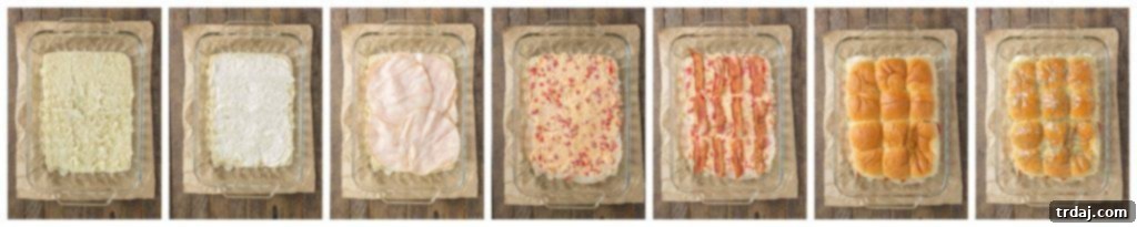 The perfect party food! A pan of Kentucky Hot Brown Turkey Sliders, featuring Castle Wood Reserve® honey turkey and homemade pimento cheese, ready for your Kentucky Derby event. | Strawberry Blondie Kitchen An overhead shot showcasing an entire pan of baked Kentucky Hot Brown Turkey Sliders, garnished with fresh parsley.