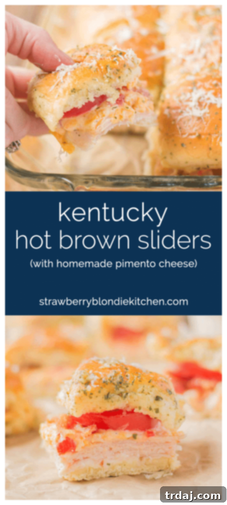 Ultimate Kentucky Hot Brown Turkey Sliders 4 A beautifully presented image showcasing Kentucky Hot Brown Turkey Sliders alongside a call to action for subscribing to Strawberry Blondie Kitchen for more recipes.