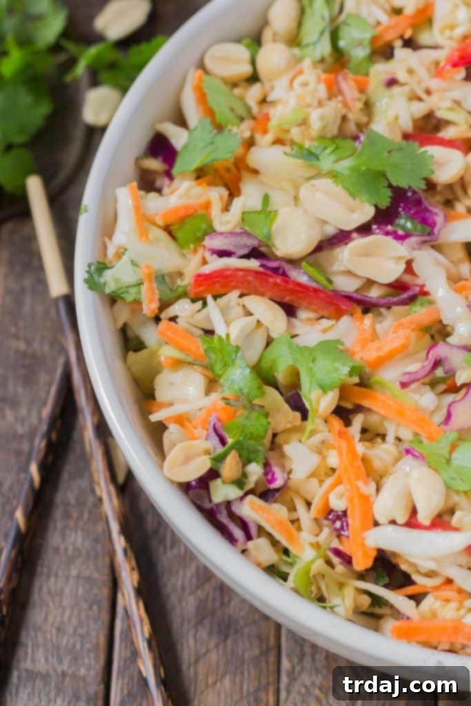 Crisp Sesame Noodle Slaw 3 Close-up of freshly made Asian Sesame Noodle Slaw, ready to serve at a summer barbecue.