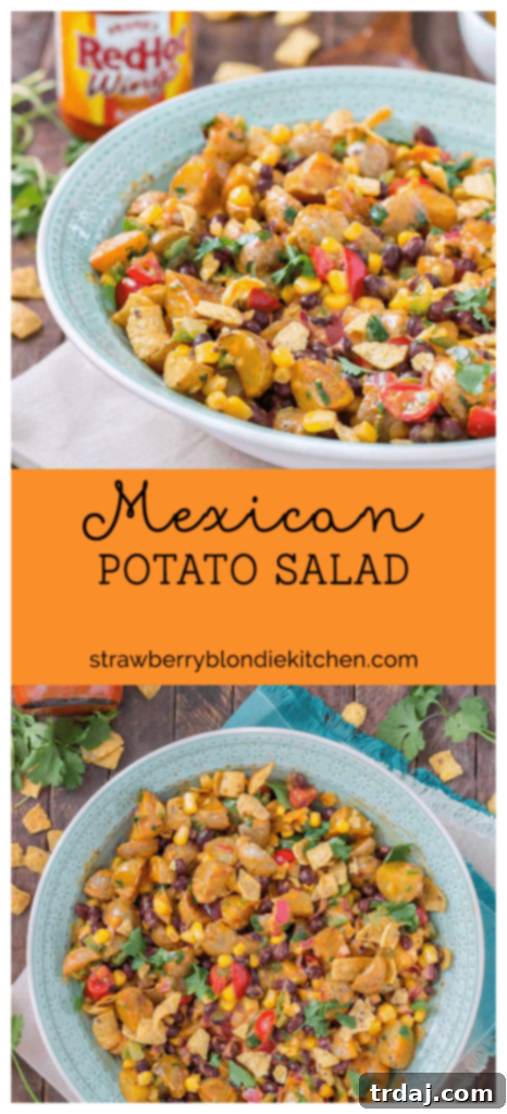 This Mexican Potato Salad is bursting with delicious flavor. Corn, black beans, cherry tomatoes, cilantro and Frank's Redhot Buffalo Wing Sauce make for one amazing side dish for all your summertime gatherings. | Strawberry Blondie Kitchen