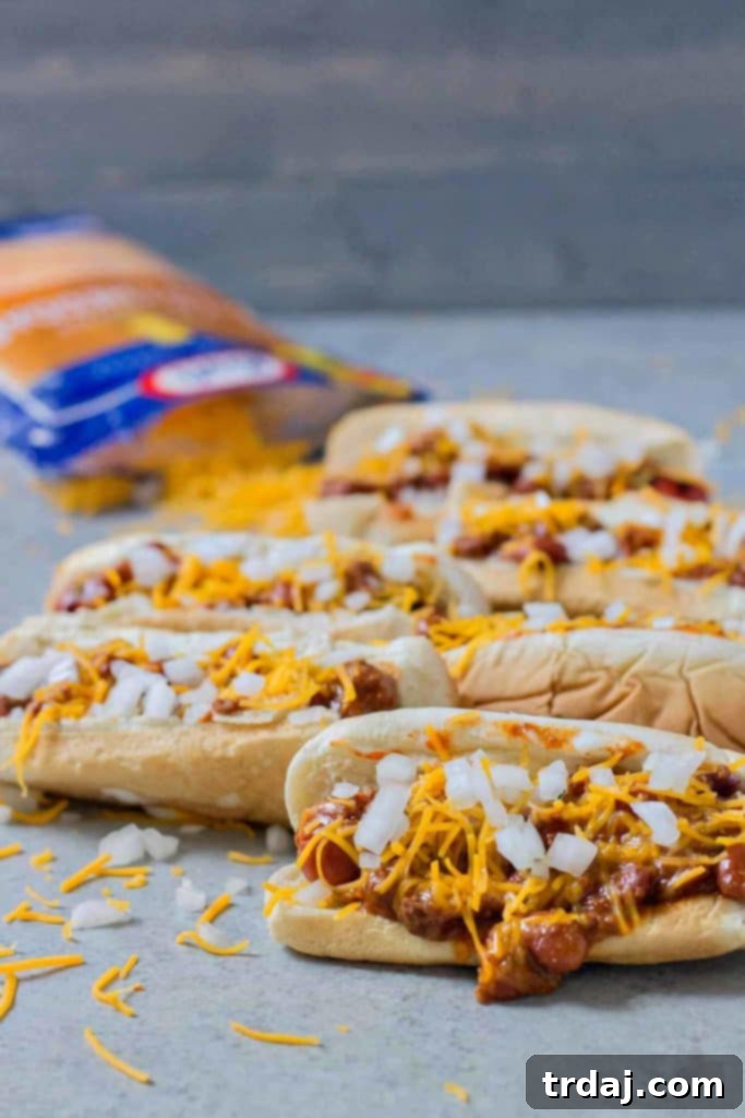 Effortless Chili Dogs 5 A vibrant platter of Easy Chili Dogs, perfectly assembled and ready to be served at a summer gathering.