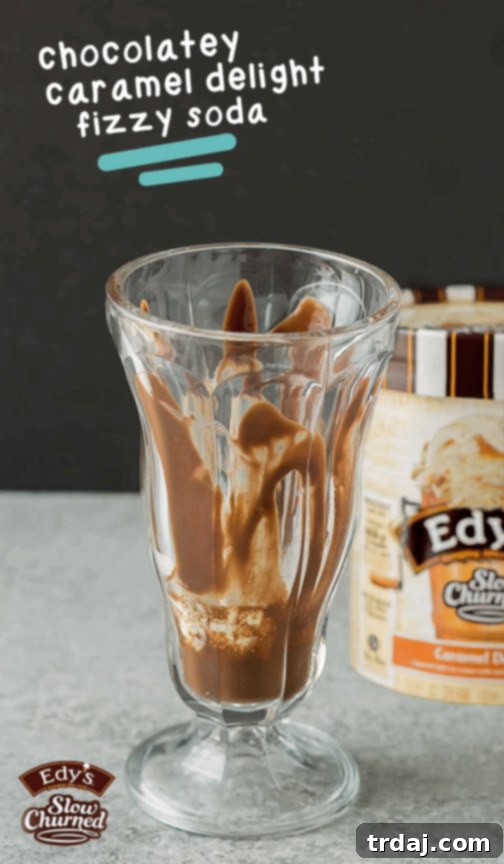 Chocolatey, fizzy, and with swirls of caramel delight ice cream, this Chocolatey Caramel Delight Fizzy Soda will help you beat the heat! | Strawberry Blondie Kitchen