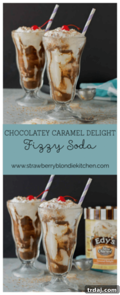 Chocolatey, fizzy, and with swirls of caramel delight ice cream, this Chocolatey Caramel Delight Fizzy Soda will help you beat the heat! | Strawberry Blondie Kitchen
