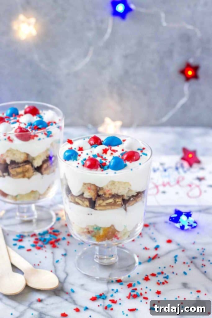 Patriotic Mini Trifles with Pillsbury Funfetti, Snickers, and M&M's - a perfect Red, White, and Blue dessert
