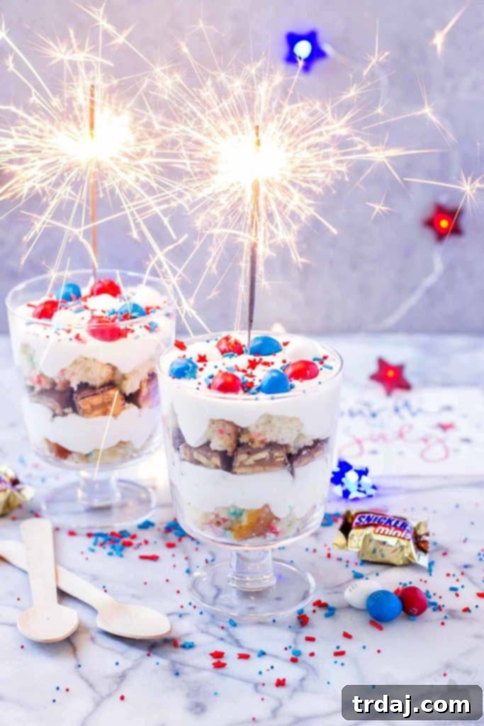 Patriotic Mini Trifle with a festive sparkler, showcasing Red, White, and Blue layers
