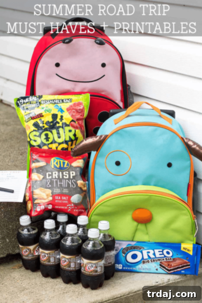 Summer road trip essentials collage: snacks, drinks, games, and organization tools