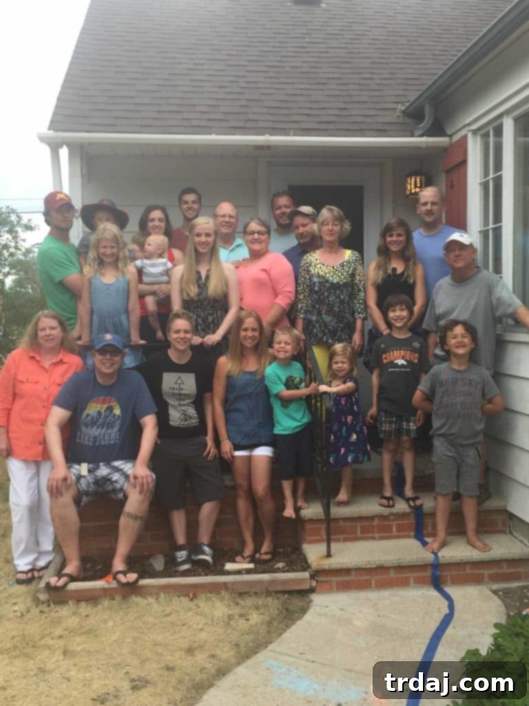 A large, joyful family gathered together, symbolizing a happy family road trip