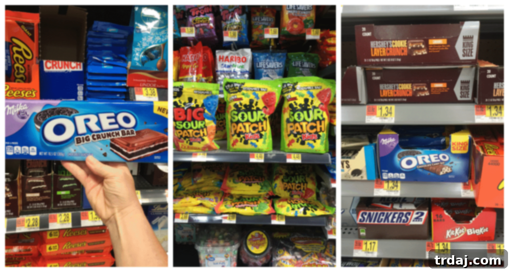 Variety of delicious road trip snacks including Milka OREO, Sour Patch Kids, and RITZ Crisp&Thins