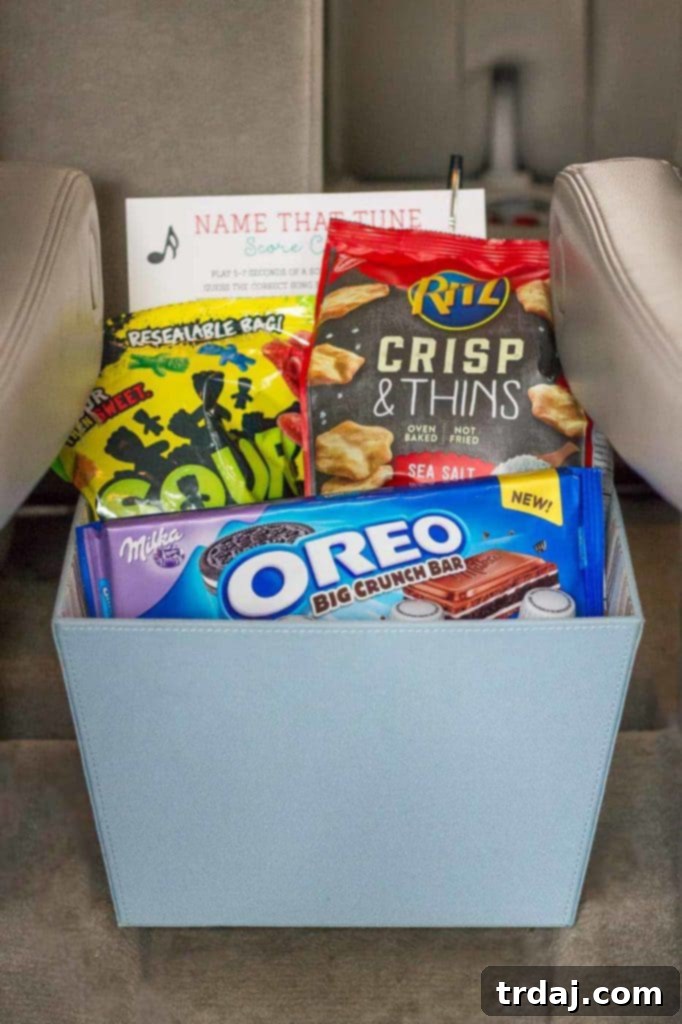 Organized car interior with shower caddies for kids' entertainment and snacks