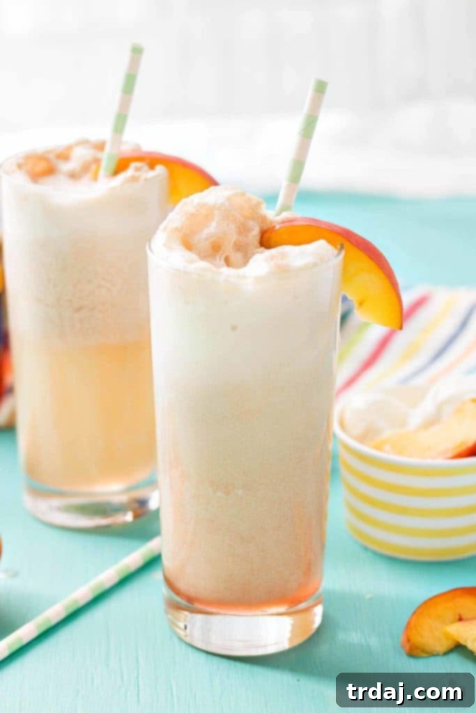 Refreshing Peaches and Cream Soda, an easy summer beverage featuring Torani Peach syrup.