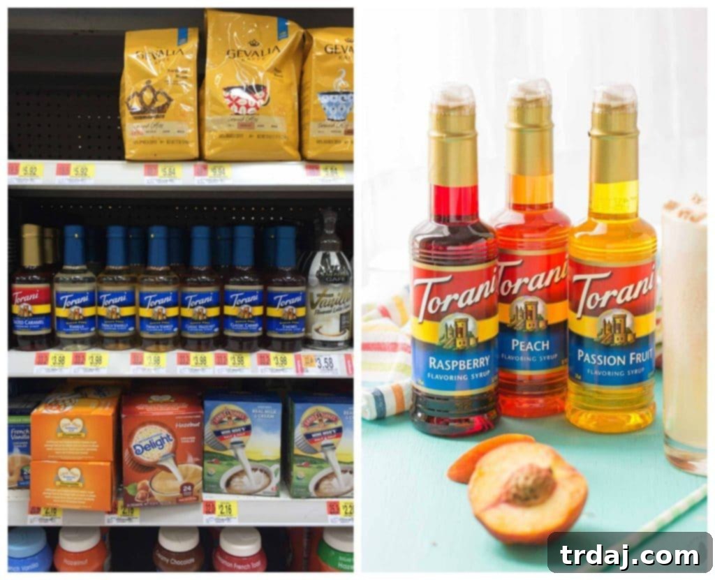 Torani Peach syrup bottle alongside other ingredients for Peaches and Cream Soda.