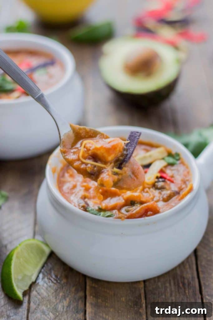 Topped Chicken Enchilada Soup ready to eat, served in a rustic bowl