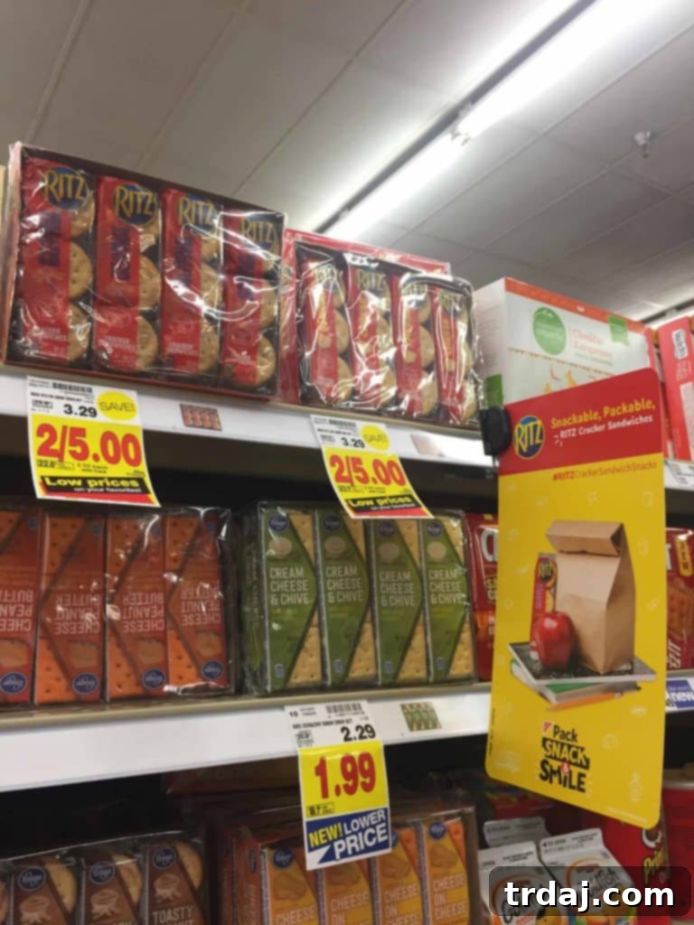 Shopping cart featuring RITZ Filled Peanut Butter and Cheese Cracker Sandwiches at Kroger