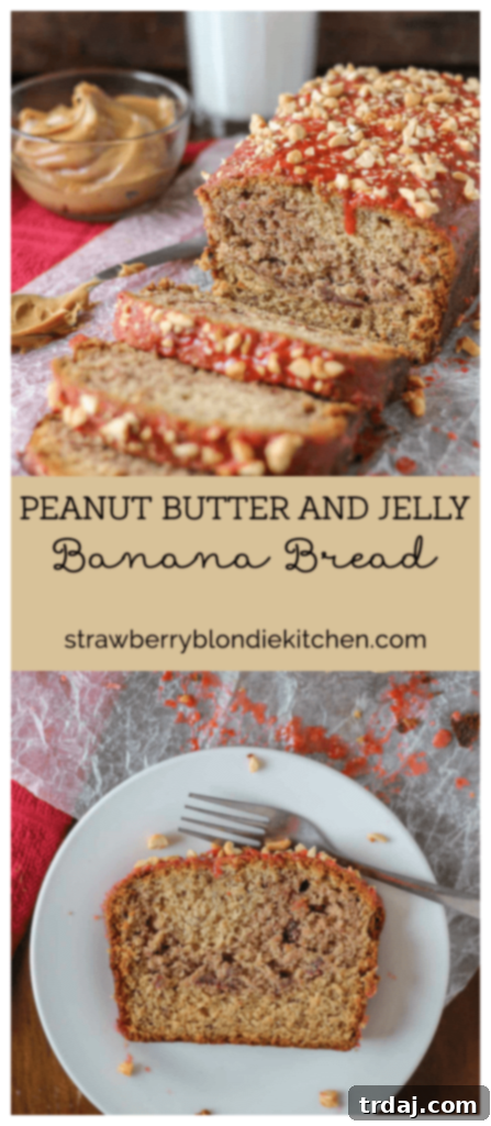 Peanut Butter and Jelly Banana Bread recipe card or summary image for social media sharing.