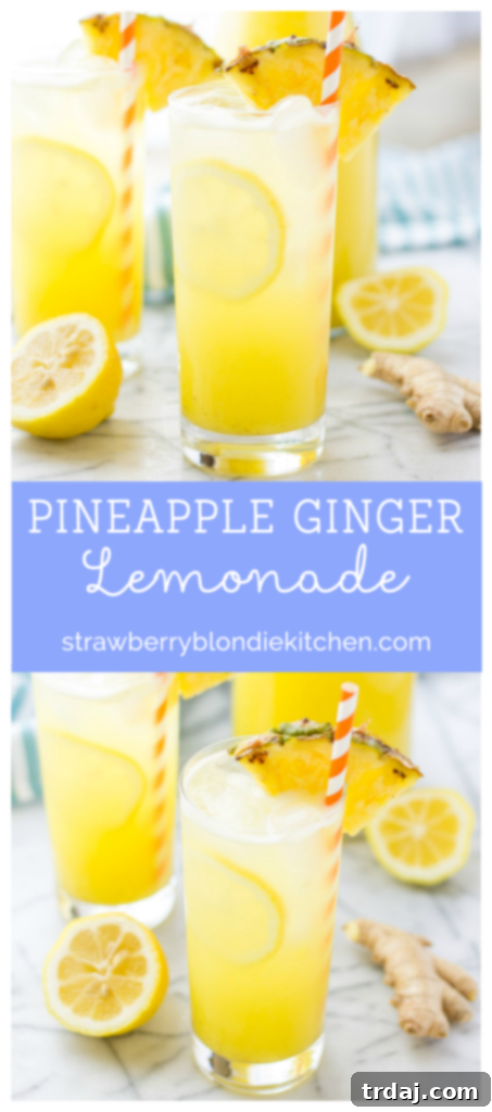 Zesty Pineapple Kick 6 Glass of Pineapple Ginger Lemonade with a straw and garnish, promoting recipe subscription.
