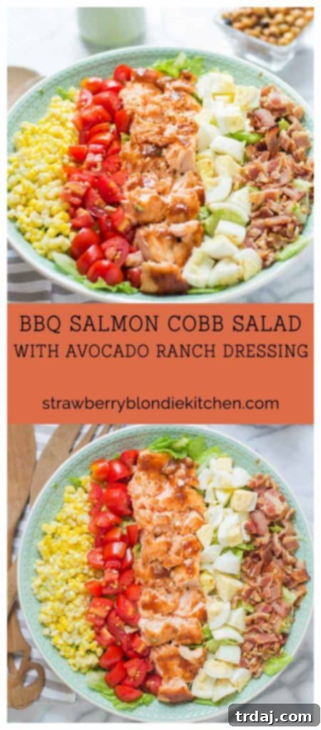 A beautiful Pinterest-optimized image for BBQ Salmon Cobb Salad with Avocado Ranch Dressing.