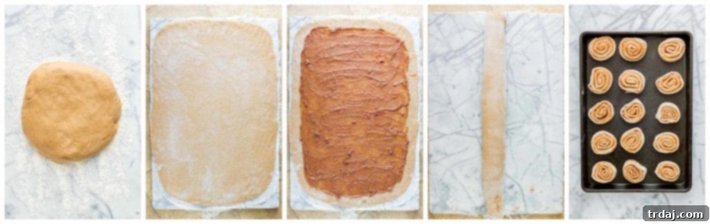 A visual step-by-step of preparing Peanut Butter and Jelly Breakfast rolls, showing the rolled dough with filling before slicing. | Strawberry Blondie Kitchen