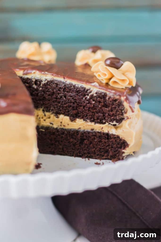 Rich chocolate espresso cakes are layered with Pillsbury™ Peanut Butter Frosting made with real Jif® Peanut Butter to create this Peanut Butter Espresso Cake which is the ultimate cake lover’s dream! | Strawberry Blondie Kitchen