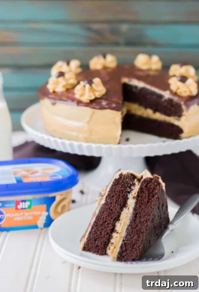 Rich chocolate espresso cakes are layered with Pillsbury™ Peanut Butter Frosting made with real Jif® Peanut Butter to create this Peanut Butter Espresso Cake which is the ultimate cake lover’s dream! | Strawberry Blondie Kitchen