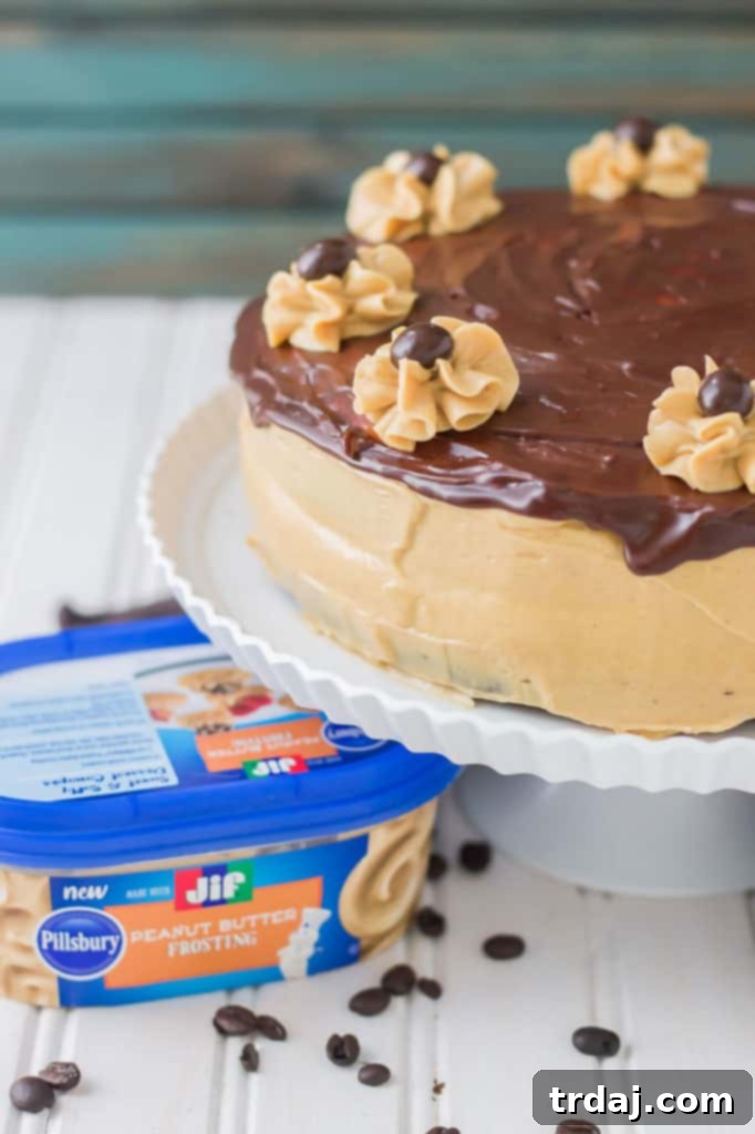 Rich chocolate espresso cakes are layered with Pillsbury™ Peanut Butter Frosting made with real Jif® Peanut Butter to create this Peanut Butter Espresso Cake which is the ultimate cake lover’s dream! | Strawberry Blondie Kitchen