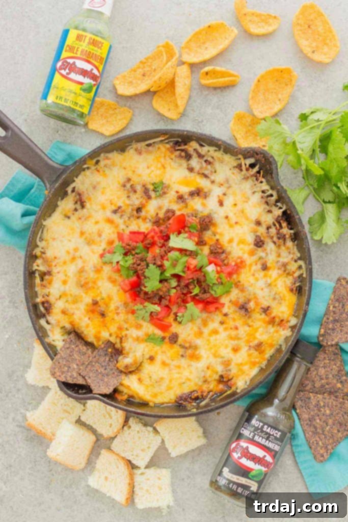 A freshly broiled Chorizo Queso Fundido, bubbling with melted cheese and chorizo, garnished with cilantro and tomatoes.