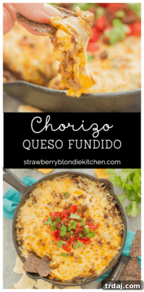 Chorizo Queso Fundido in a cast iron pan, ready for game day, with El Yucateco hot sauce bottles nearby.