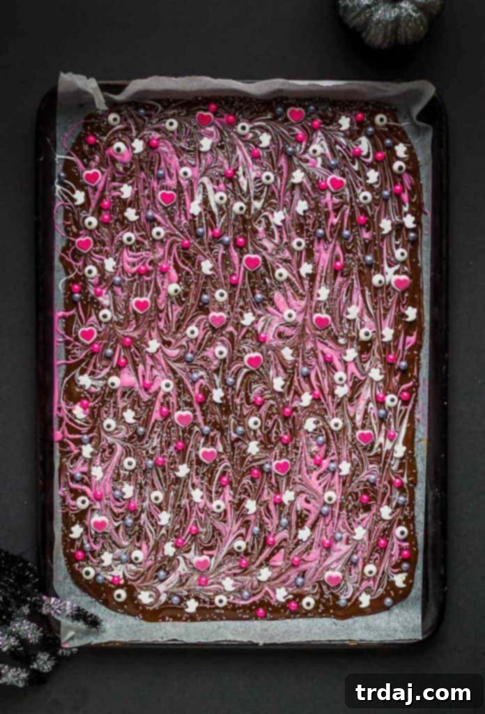 Finished Pink-O-Ween Candy Bark Pink-O-Ween Candy Bark ready to be broken into pieces.