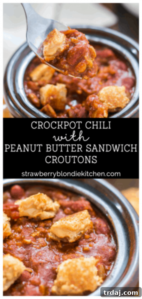 Enjoy a warm bowl of Slow Cooker Chili with unique peanut butter sandwich croutons this fall