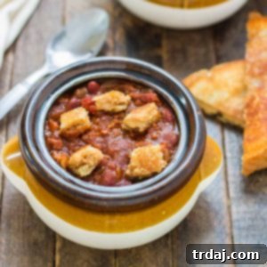 Crockpot Chili with Peanut Butter Sandwich Croutons, a delightful and unique comfort food recipe