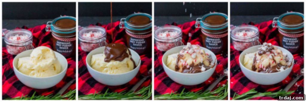 Variety of toppings for Espresso Hot Fudge Sauce, including crushed peppermint