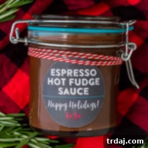 Homemade Espresso Hot Fudge Sauce in a jar, ready for gifting