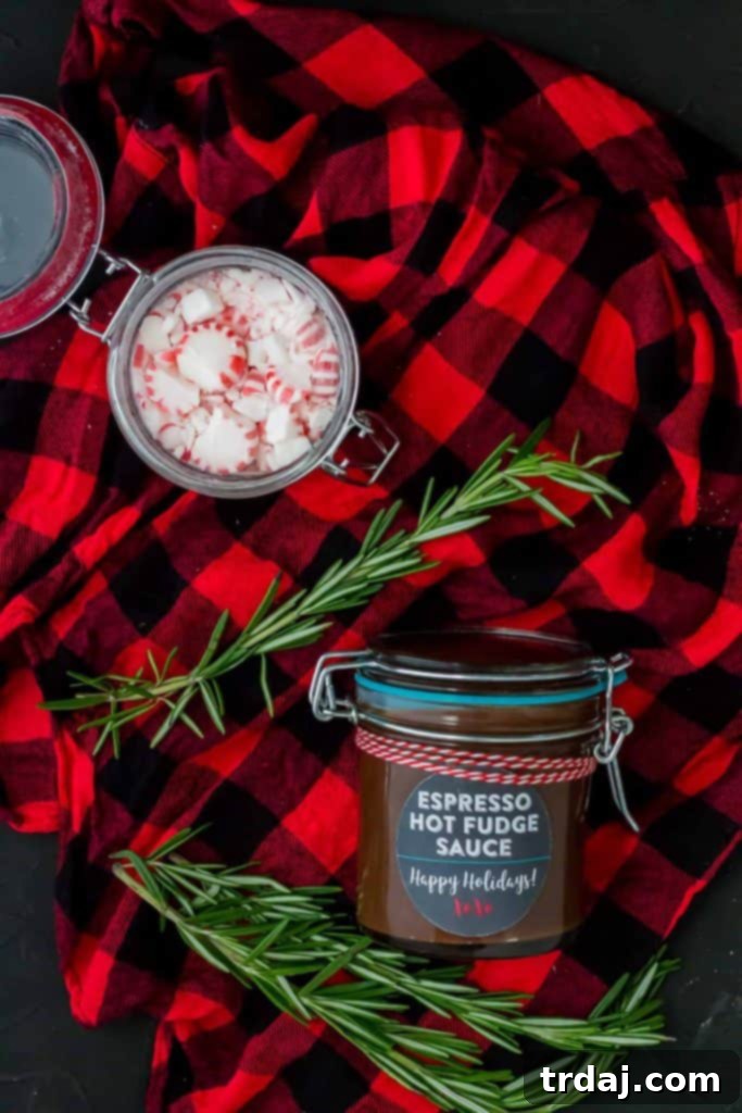 Jar of Espresso Hot Fudge Sauce with a festive label, ready for gifting